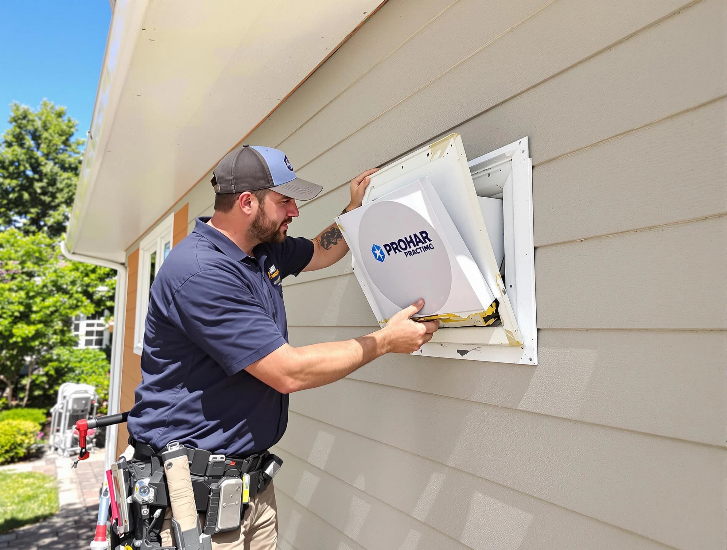 Anthem Dryer Vent Cleaning technician installing a new protective dryer vent cover on a home in Anthem