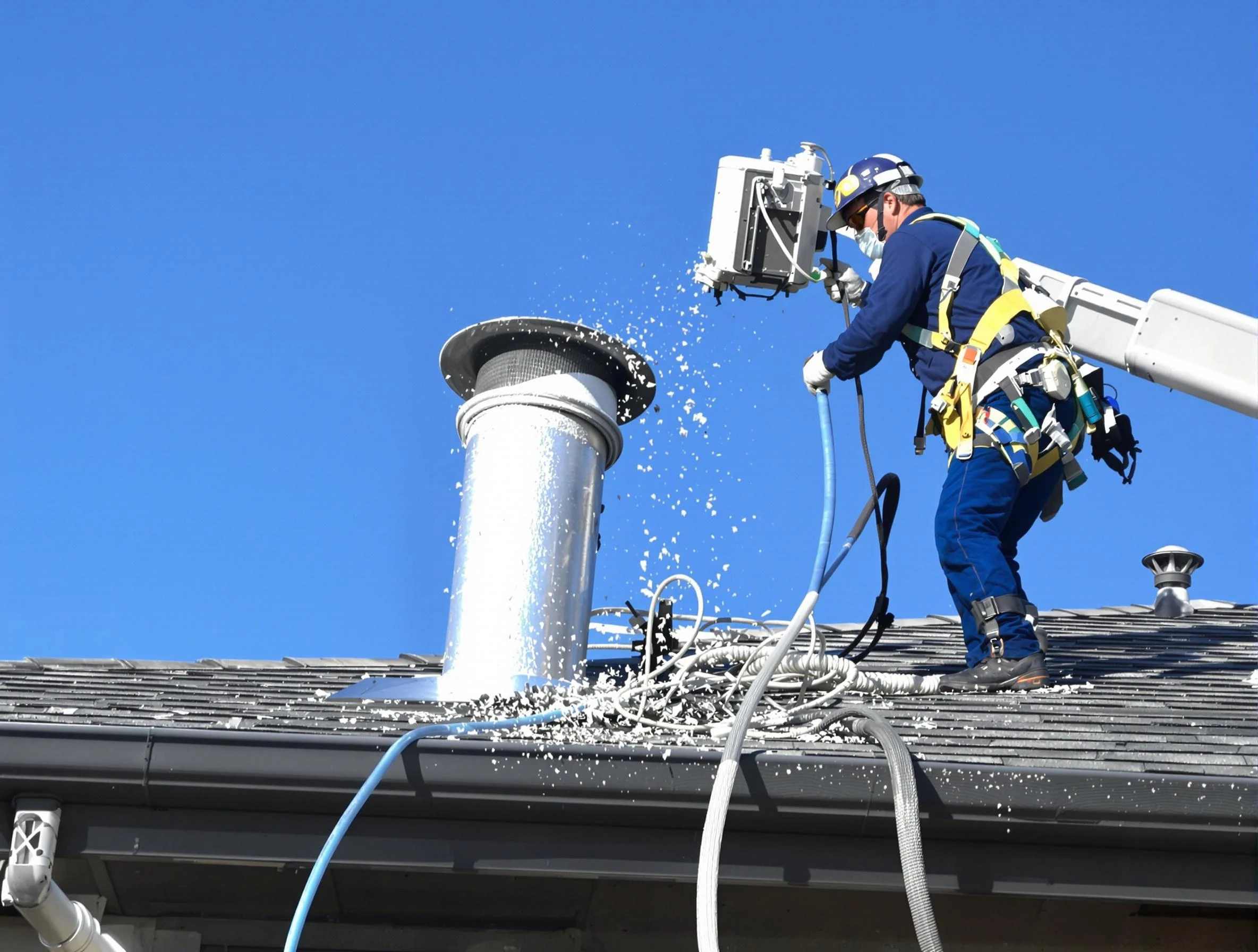 Anthem Dryer Vent Cleaning certified technician safely cleaning a roof-mounted dryer vent in Anthem